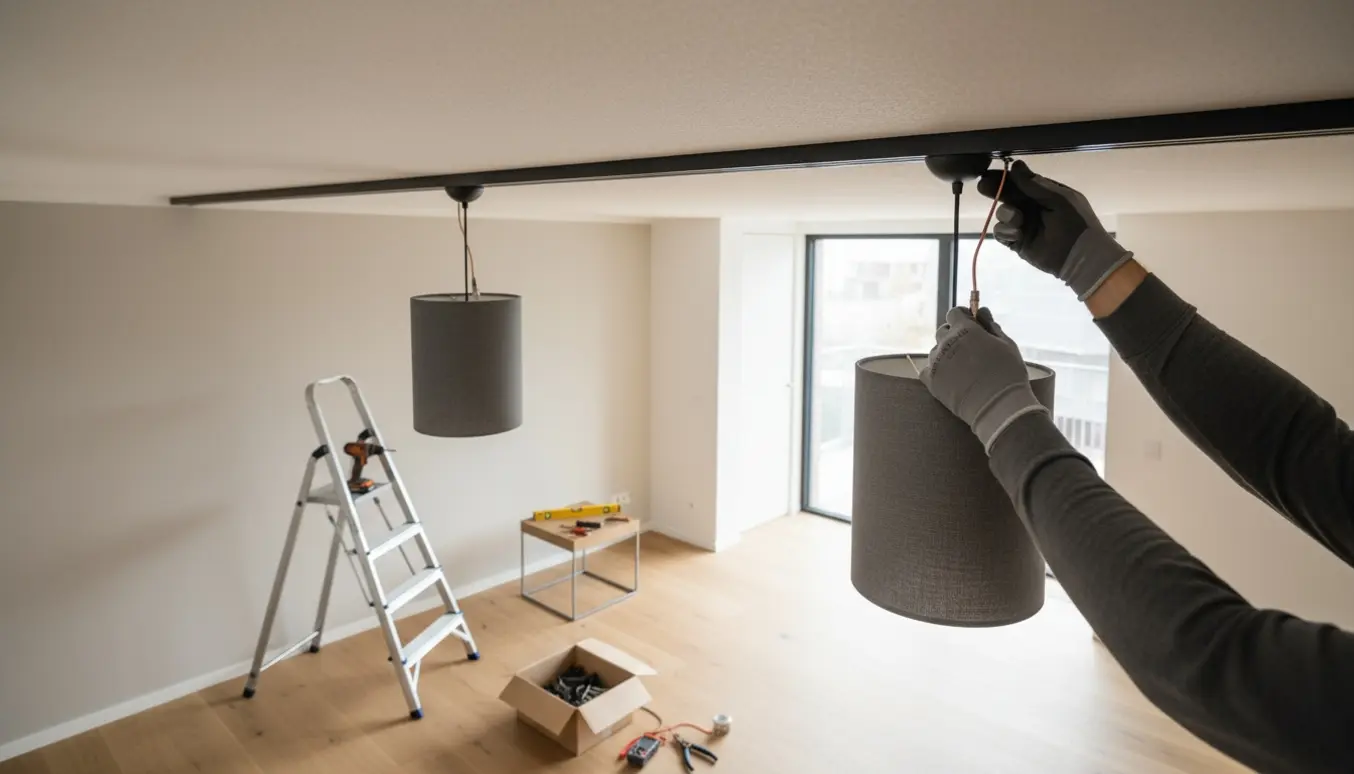 En elektriker monterer en sort strømskinne i loftet og hænger to pendellamper op med værktøj i forgrunden.