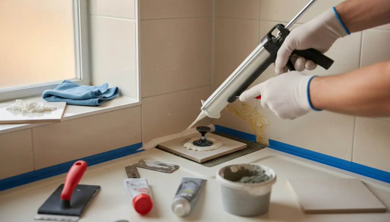 Nærbillede af hænder i handsker, der fjerner gammel silikone og påfører ny fuge i et brusehjørne med en løs flise ved kanten.