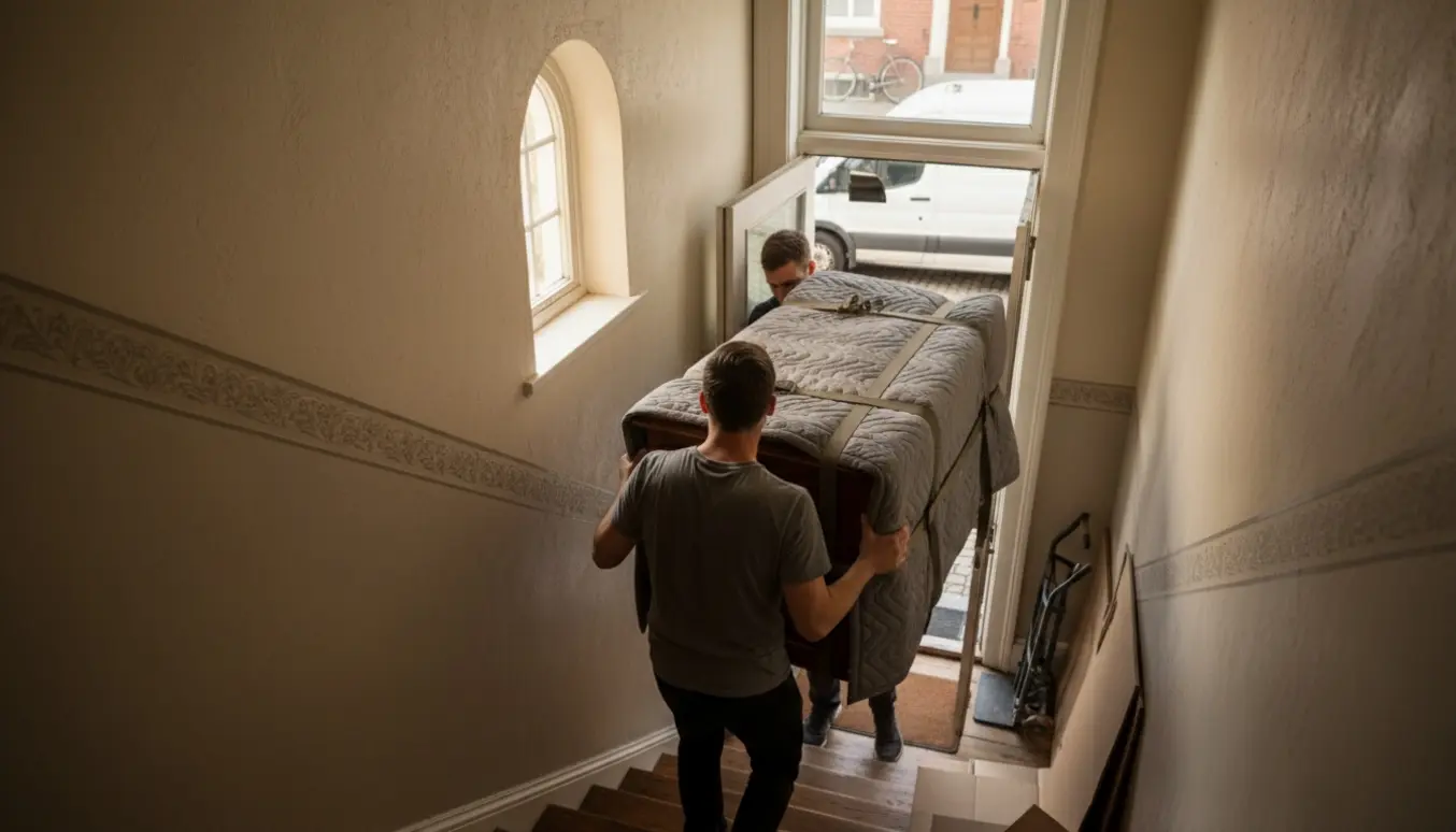 To flyttemænd bærer en indpakket skænk op ad en trappe i en lejlighedsopgang.