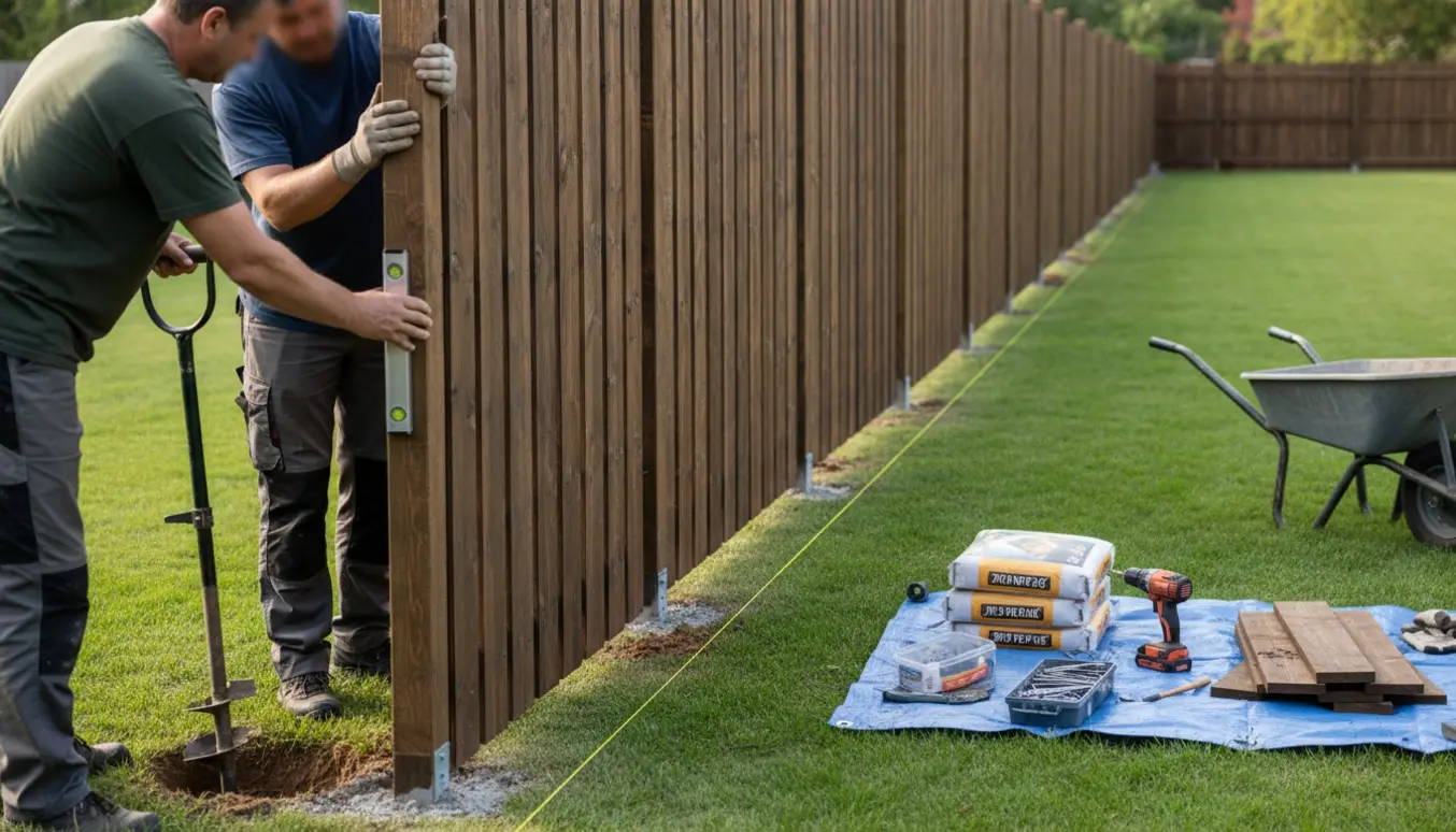 Højt hundesikkert træpanelhegn installeres langs en jævn græsplæne med værktøj og materialer i forgrunden.