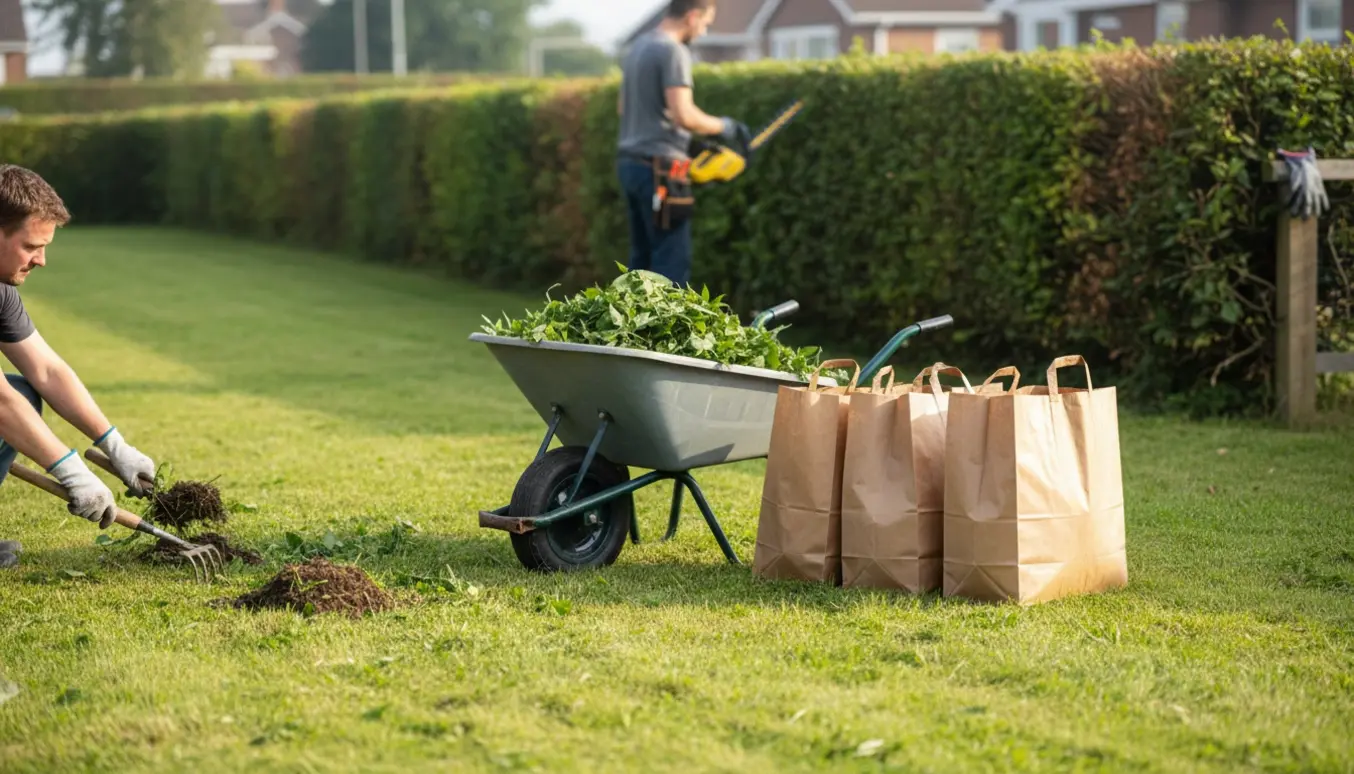 Forhave med hækkeklipning og ukrudtsrivning, værktøj og fyldte affaldssække.