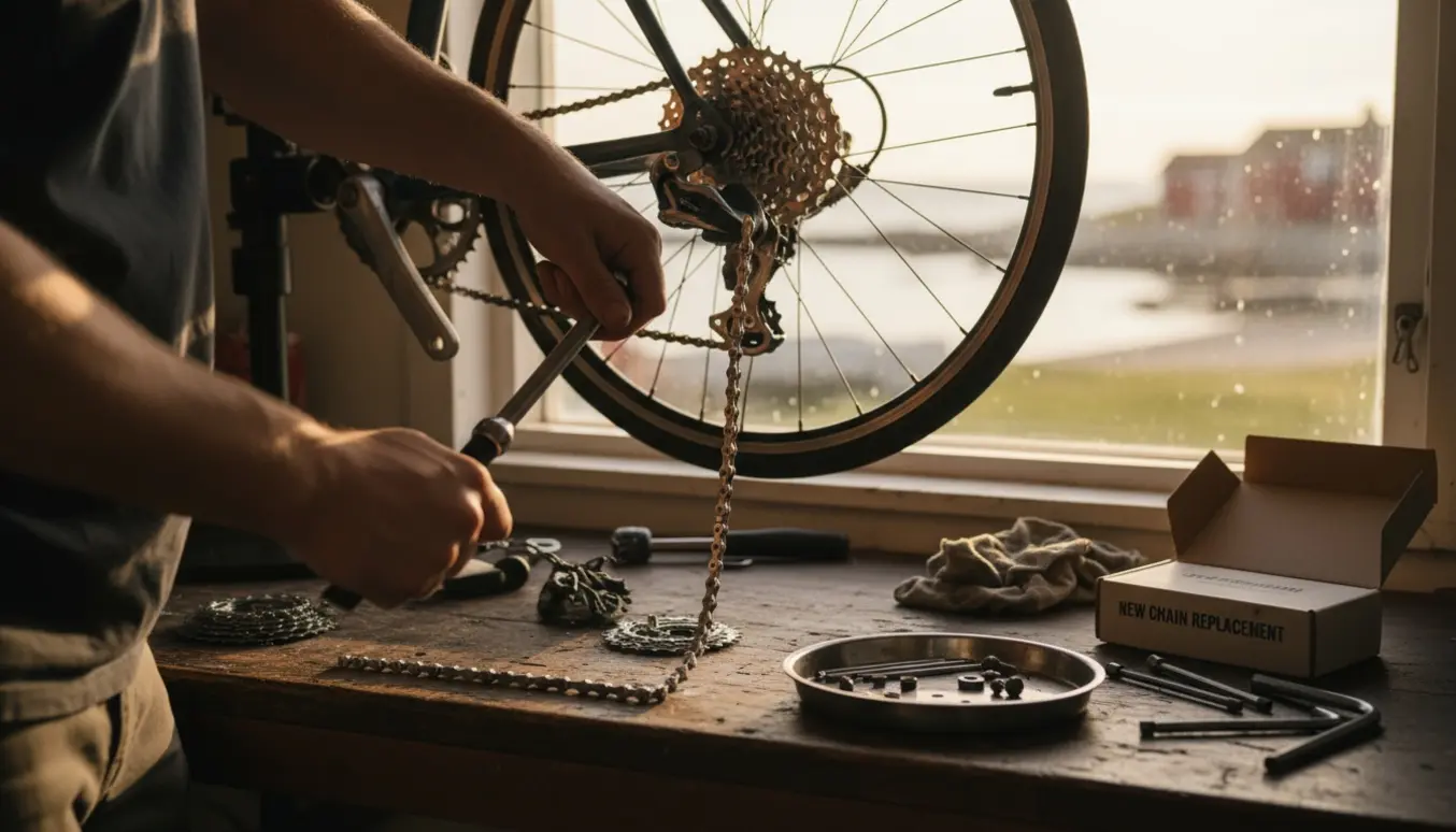 Cykel monteret i værksted med mekanikerhænder, mens kæde strammes og ny kæde klargøres.