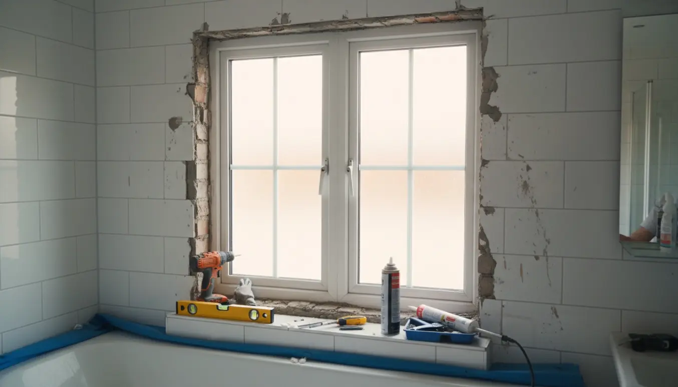 Nyt hvidt PVC-termovindue sættes i badeværelsets vinduesåbning, med værktøj og handsker i fokus.
