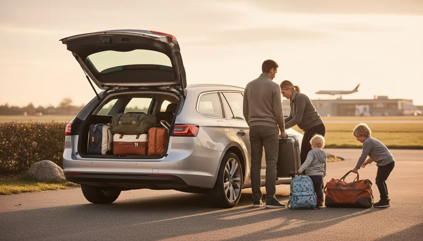 Familie ved en åben stationcar med bagagerummet fyldt med 5–6 kufferter klar til tur til lufthavnen.