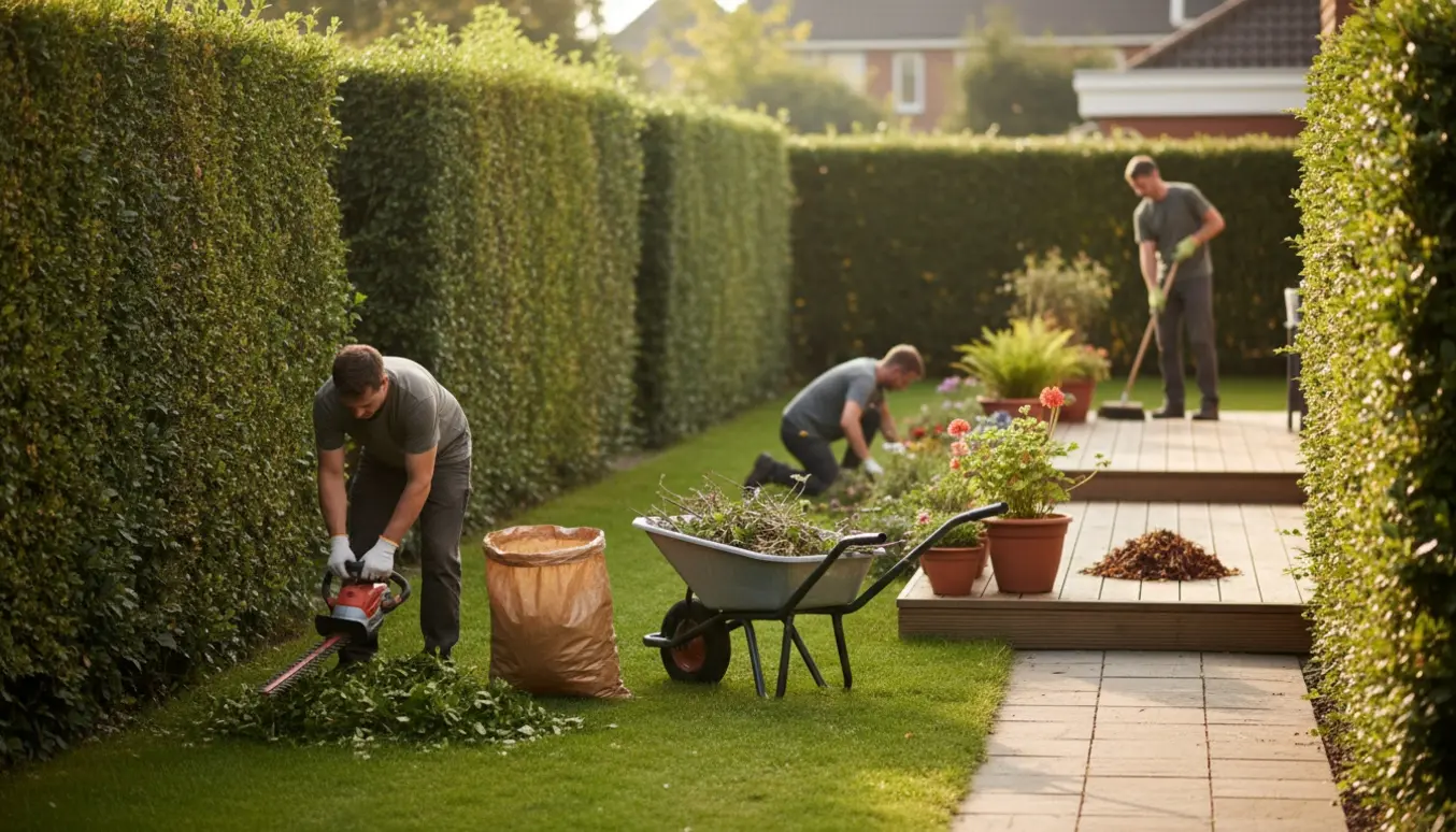 Lang hæk omkring en baghave med havetrimmer i brug, afklip, ukrudt i bede og en ryddet terrasse.