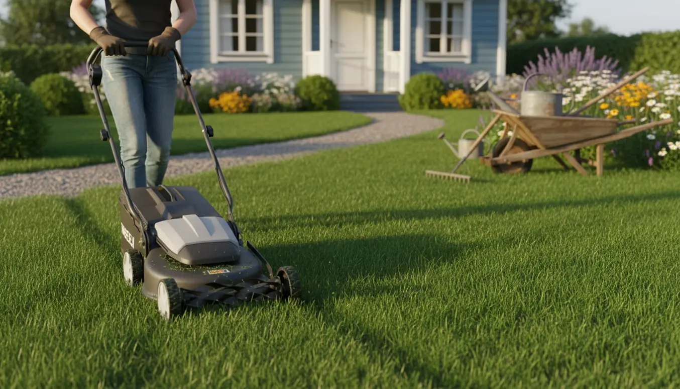 En sommerhusgræsplæne bliver slået og plejet med plæneklipper og haveredskaber i aftensol.
