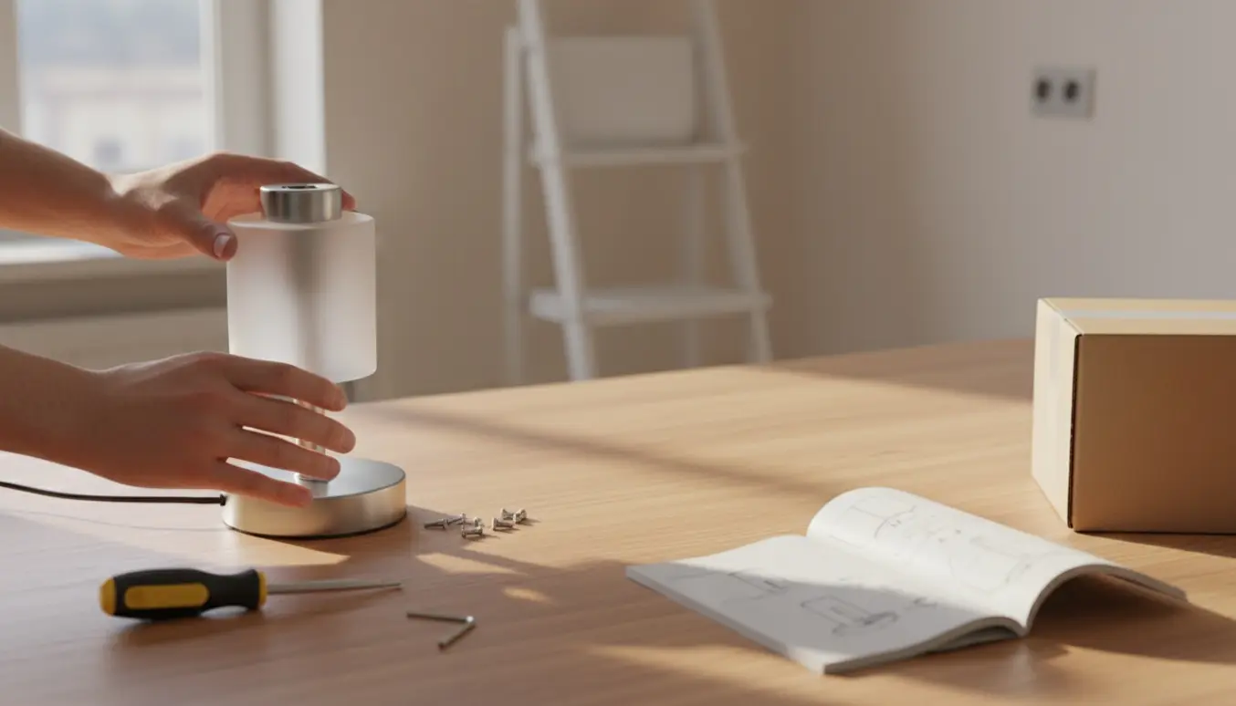 Hænder samler en LED-lampe på et bord med manual, skruer og værktøj.