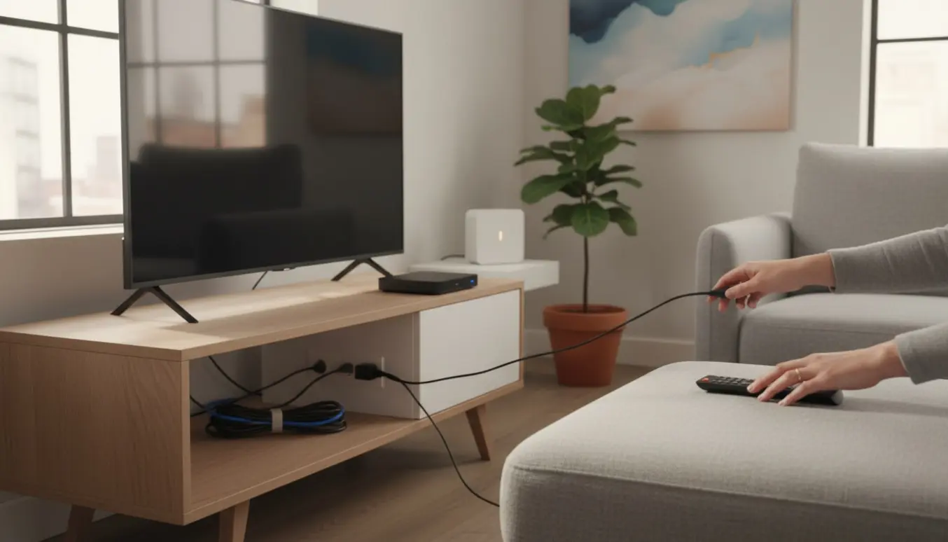 Hænder trækker stikket til en tv-boks ud foran en fladskærm med en router i baggrunden.