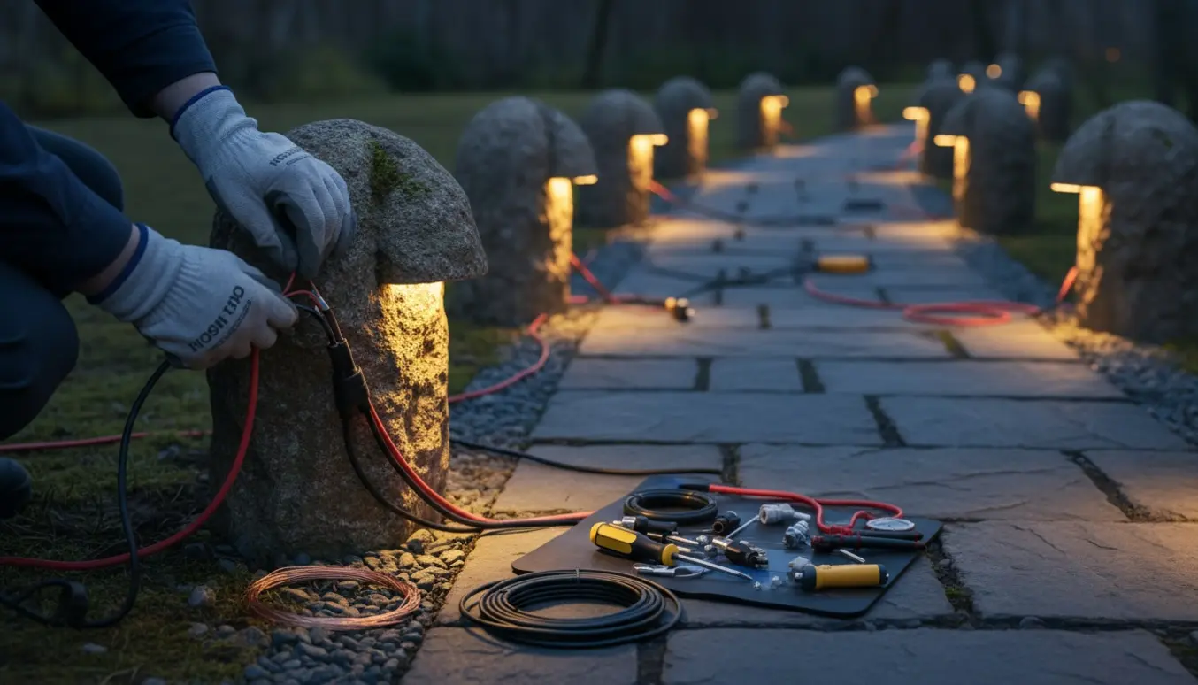 En elektriker forbinder kabler til udendørs stenlamper langs en havegang ved skumring.