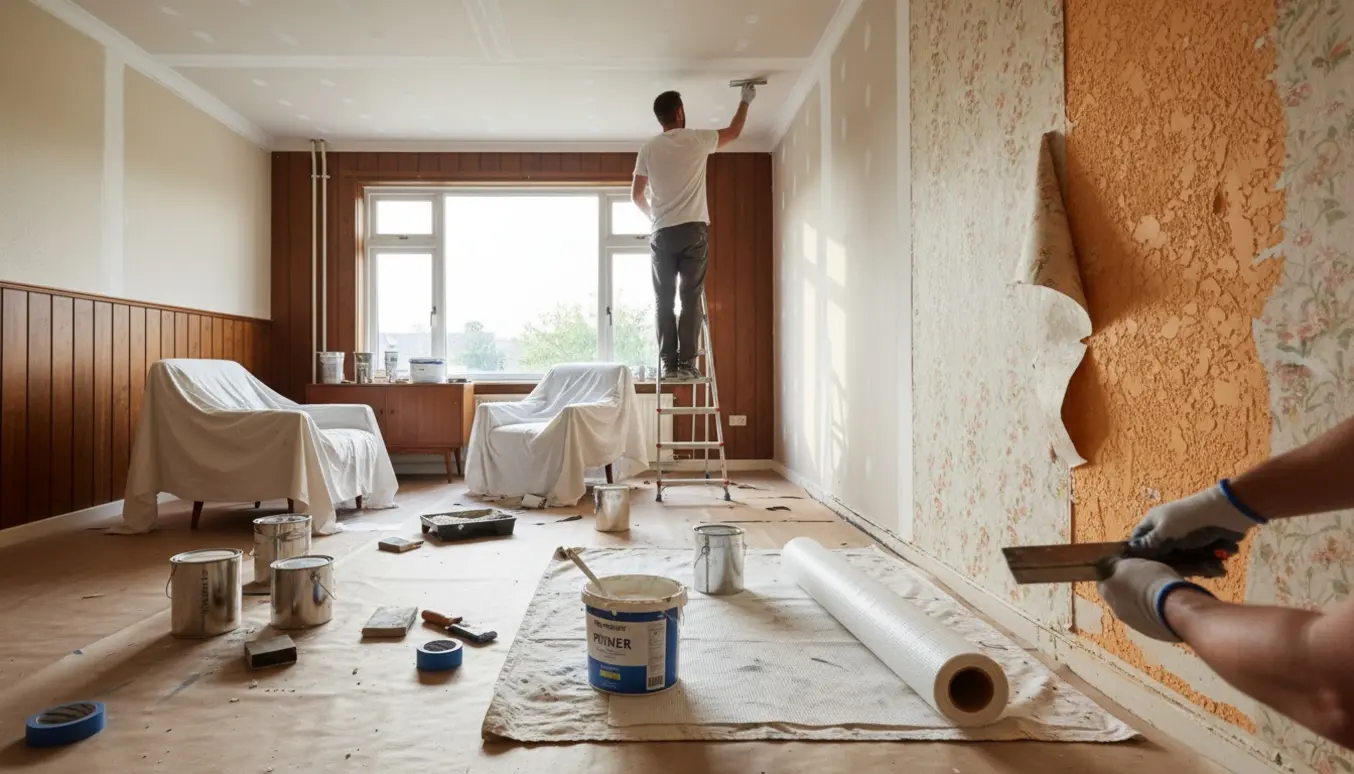 Indvendigt rækkehus fra 70'erne under forberedelse og maling med værktøj og afdækning.