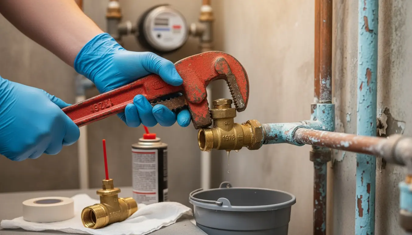 Hænder udskifter en korroderet stophane fra 1976 med skruenøgler i et teknisk rum.