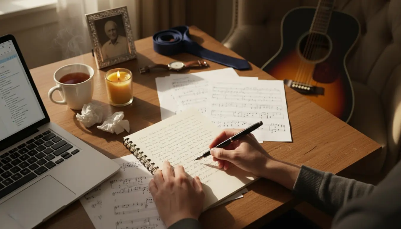 Hænder skriver en trøstende sang ved et træbord med en guitar, et sløret foto og et tændt stearinlys i blødt sollys.