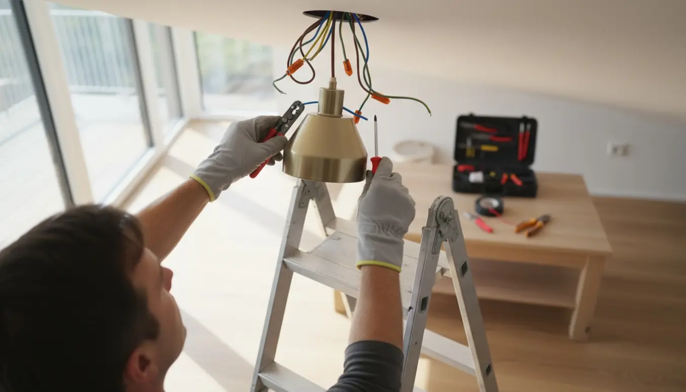 Elektriker monterer en loftlampe i en lys stue, med handsker, værktøj og synlige ledninger.