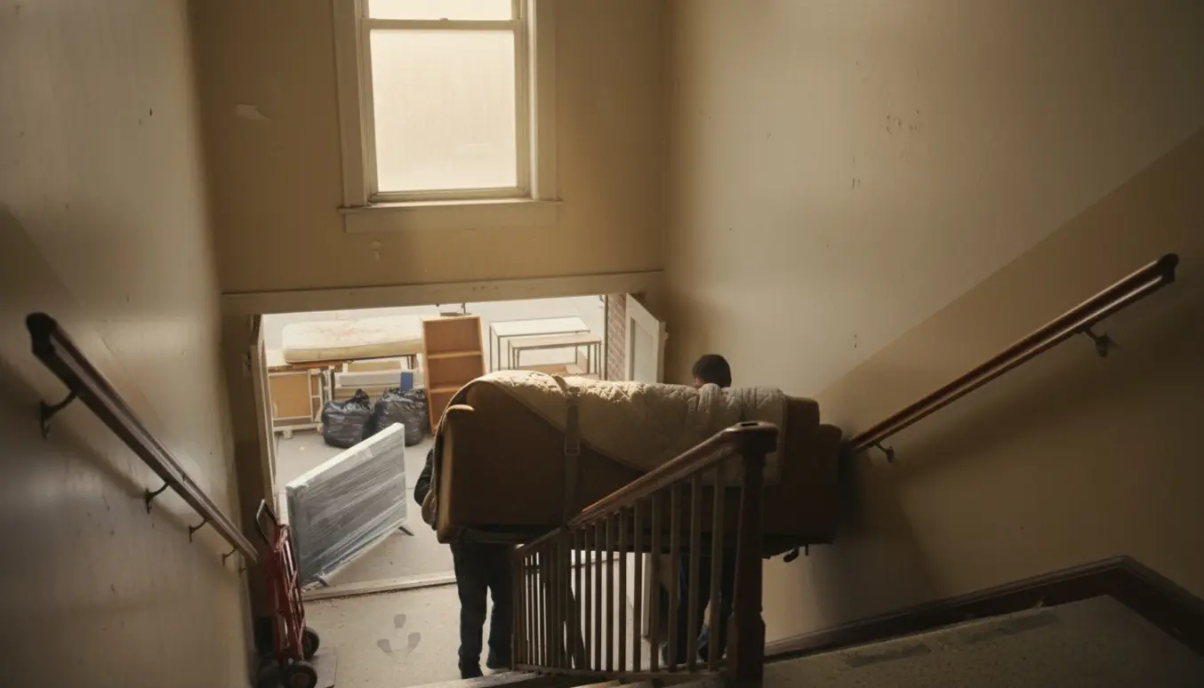 To flyttemænd bærer en sofa ned ad en smal trappe fra en rodet lejlighed, mens et indpakket TV står tilbage i døråbningen.