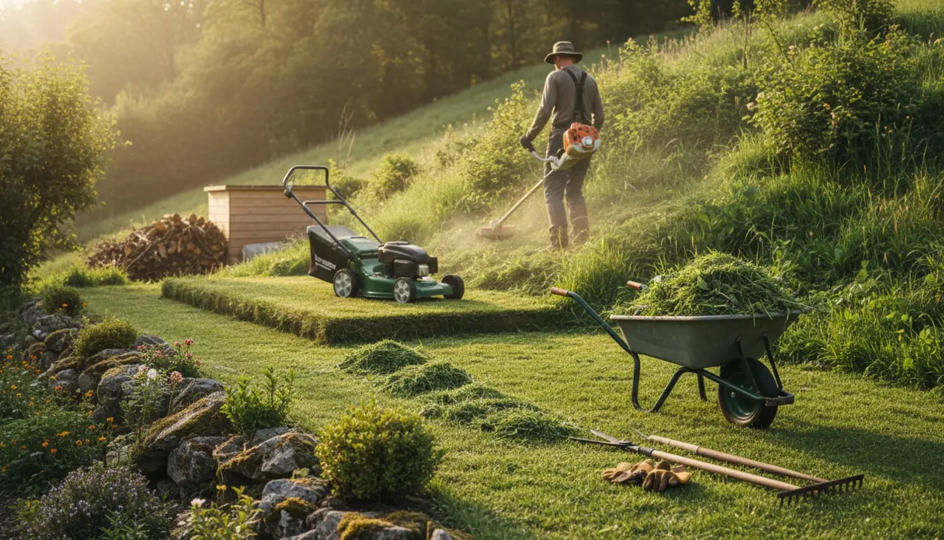 En person trimmer buske og slår græs på en skråning med græsafklip og haveredskaber.