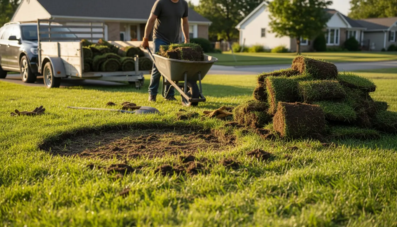 Trillebør læsset med græstørv køres fra en bunke på plænen mod en åben trailer ved indkørslen.