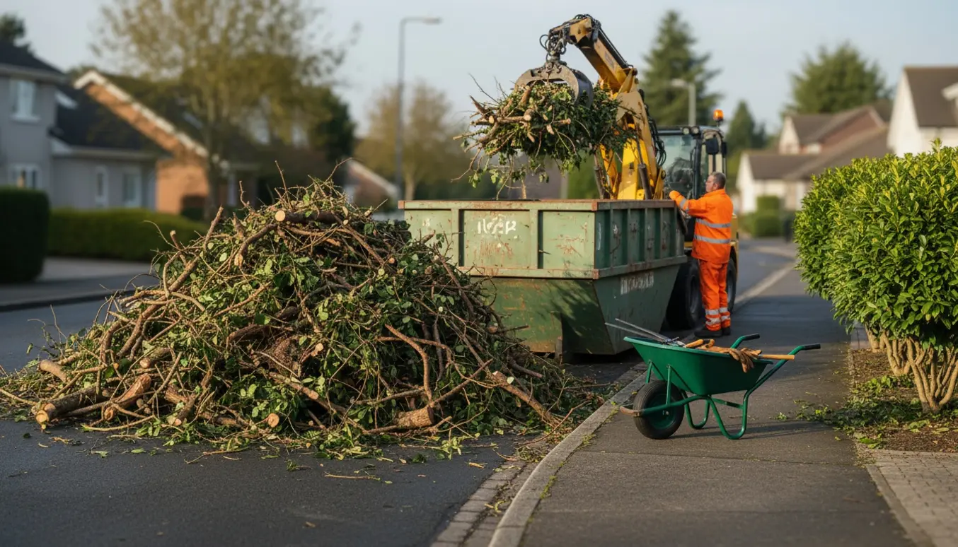 Stor bunke haveaffald ved vejkanten med en åben container og tre intakte buske ved siden af.