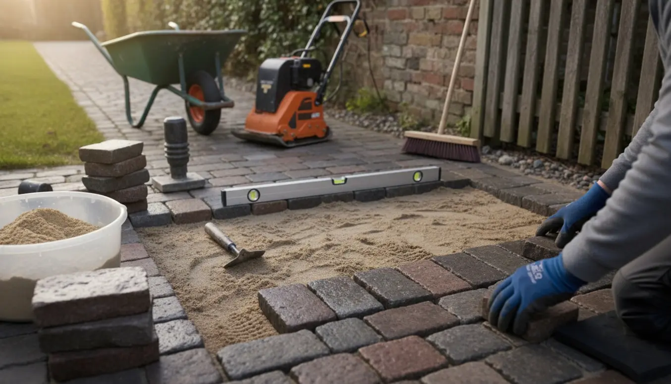 Nærbillede af omlægning af herregårdssten på et lille område med sand og håndværktøj.