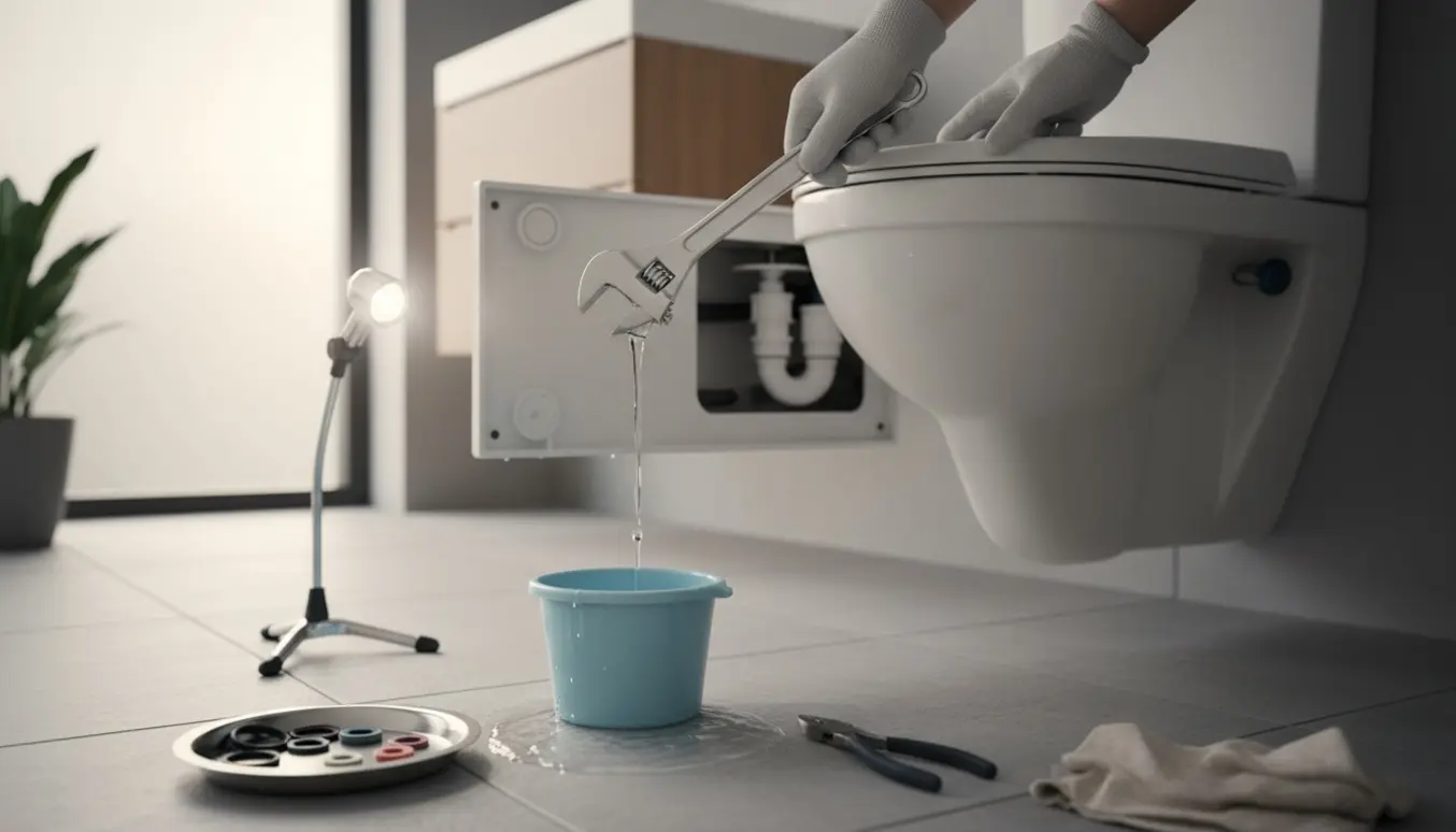 Åben adgang til et væghængt Ifø-toilet under reparation med handsker og værktøj ved en lav vandtilførsel.