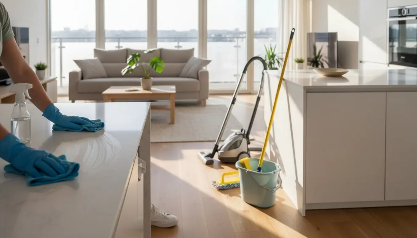 Professionel rengøring i en lys, moderne 80 m² lejlighed med rengøringsudstyr og en person uden synligt ansigt.