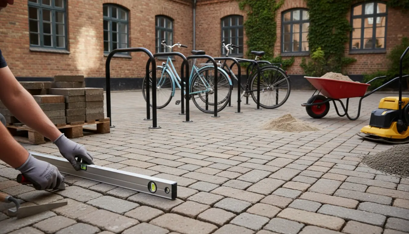 Nyt cykelparkeringsareal med nylagte herregårdssten, cykelstativer og værktøj i en lille gårdhave.