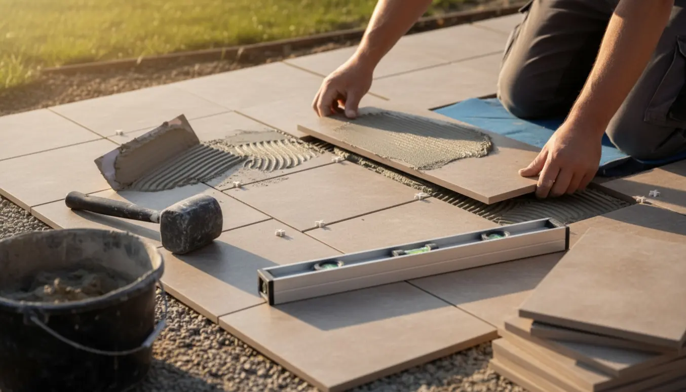 Hænder lægger rektangulære terrassefliser med værktøj og fliseklæb i naturligt morgenlys.