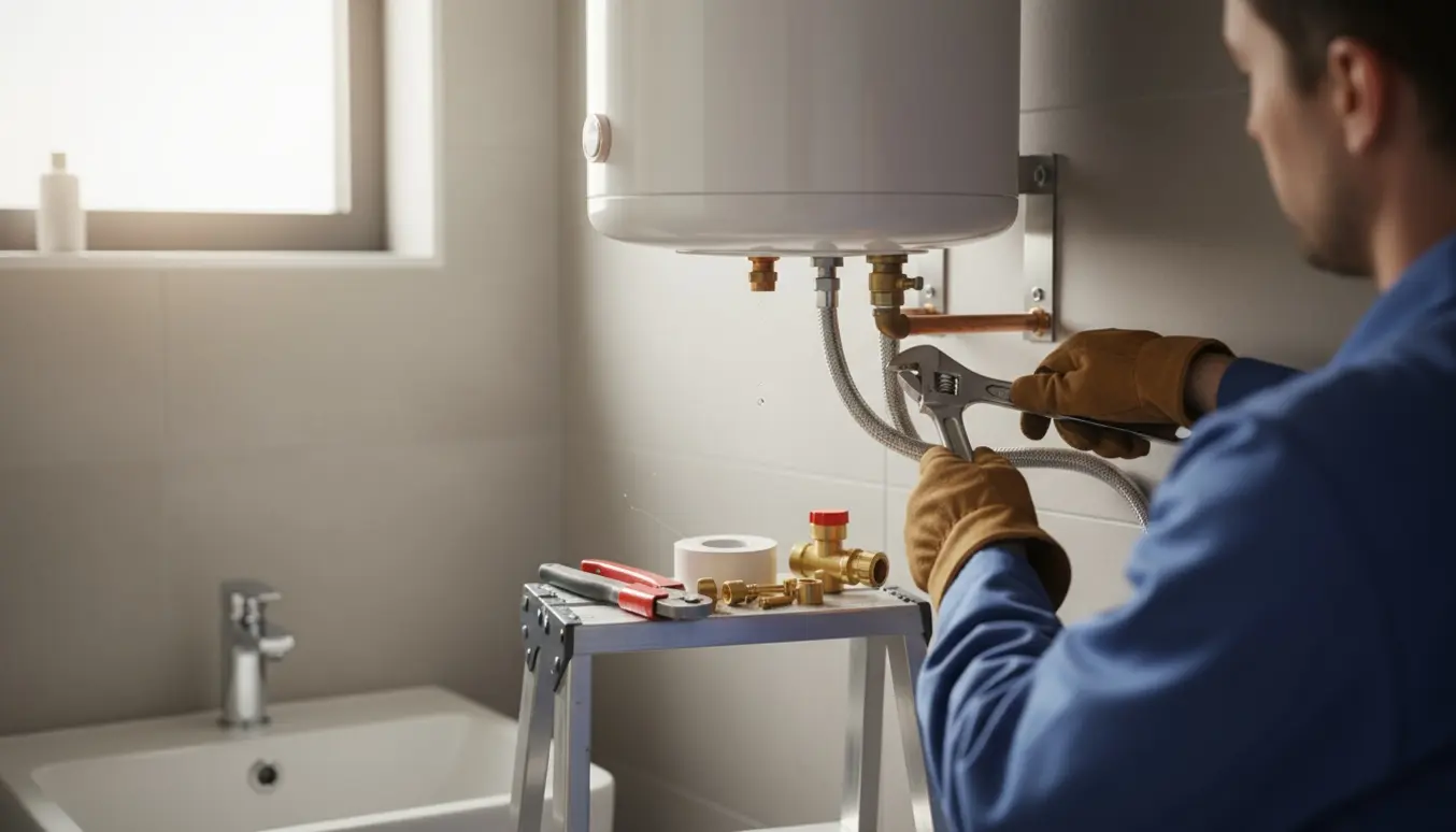 En VVS'er monterer en ny 30 l varmtvandsbeholder højt på badeværelsesvæggen, med værktøj og rør i fokus.