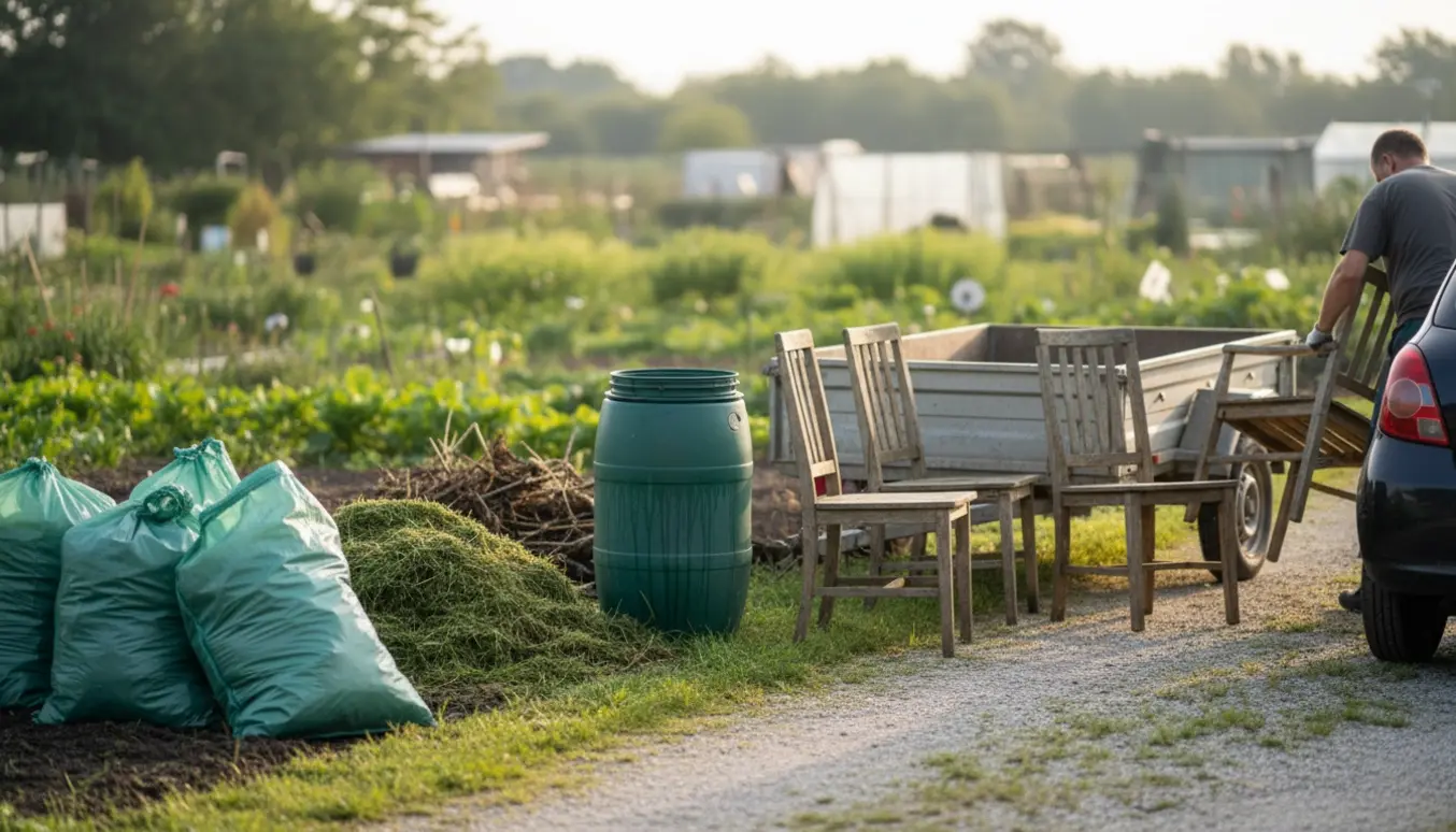 Sække med haveaffald, en regnvandstønde, tre spisebordsstole og en trailer klar til genbrugsstation.