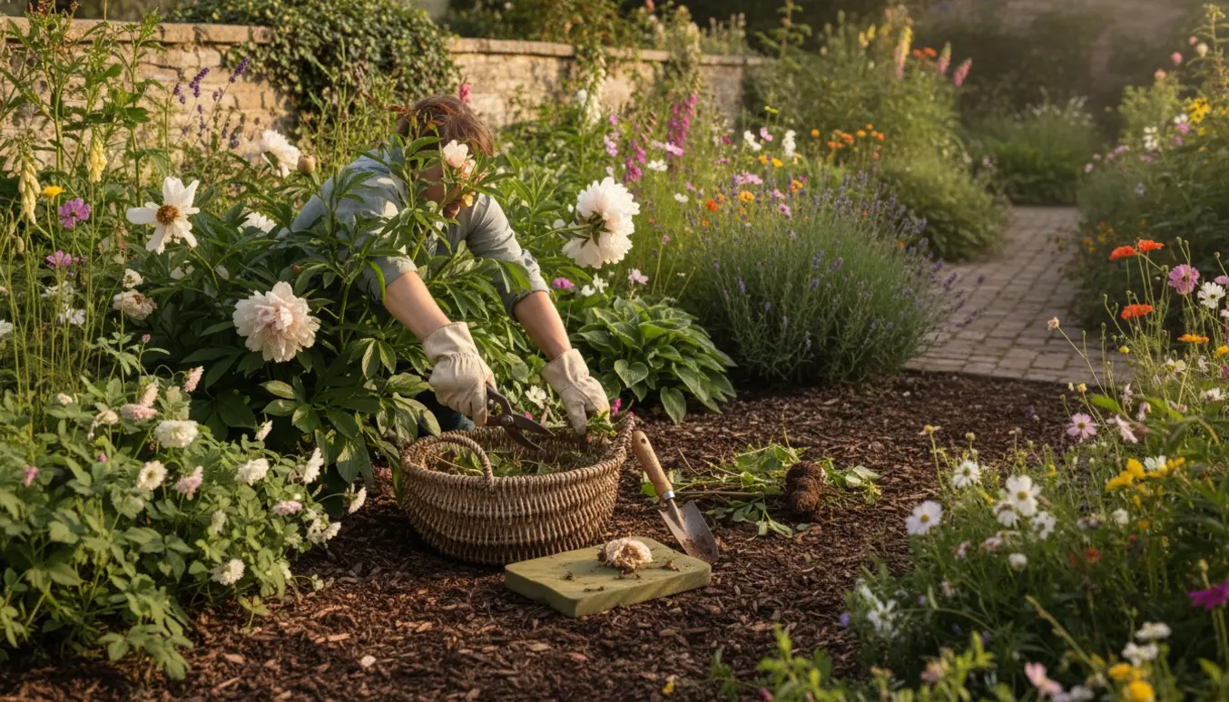 Hænder i haverhandsker renser blomster- og staudebed i en gammel have med kurv til afklip.