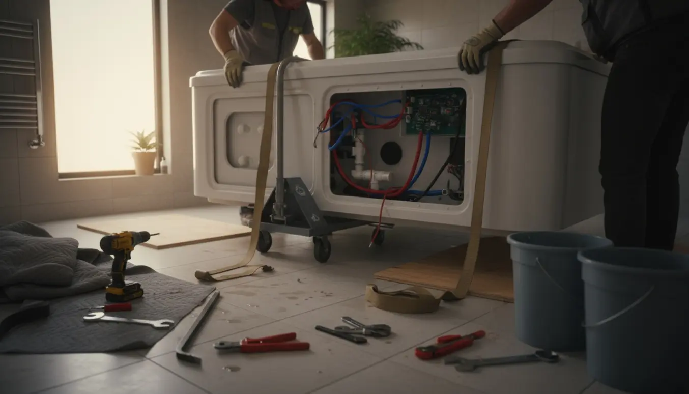 Indendørs spabad under professionel nedtagning med værktøj og flytteudstyr i et lyst badeværelse.