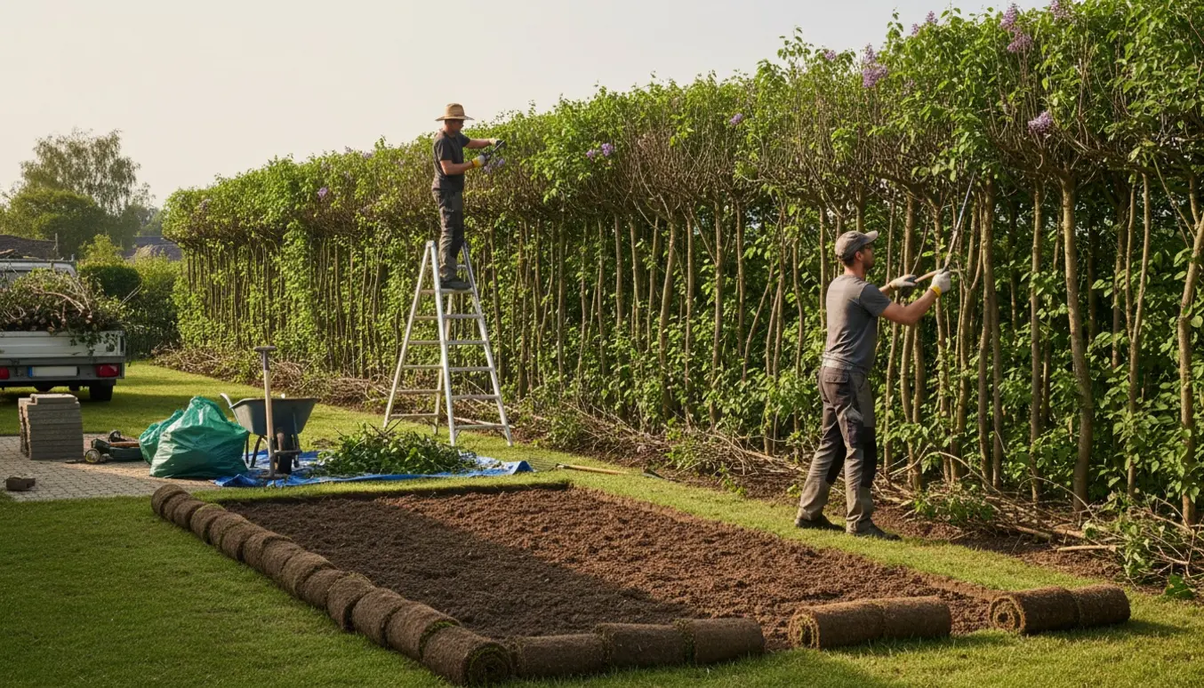 Kraftig beskæring af en 20 m syrenhæk med stabler af afklip, fjernet græstørv og betonfliser klar til bortkørsel.