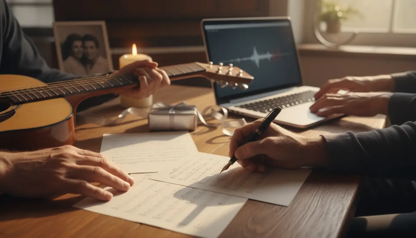 Hænder skriver sangtekster ved et guitar- og klaver-setup med sølvdekorationer til en bryllupsdagsang.