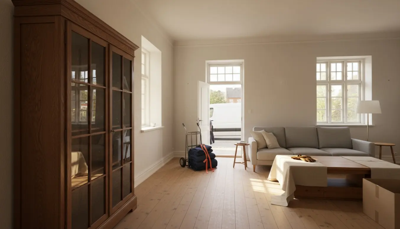 Møbelfjernelse i en næsten tømt stue med gammelt vitrineskab, sofa og flytteudstyr ved døren.