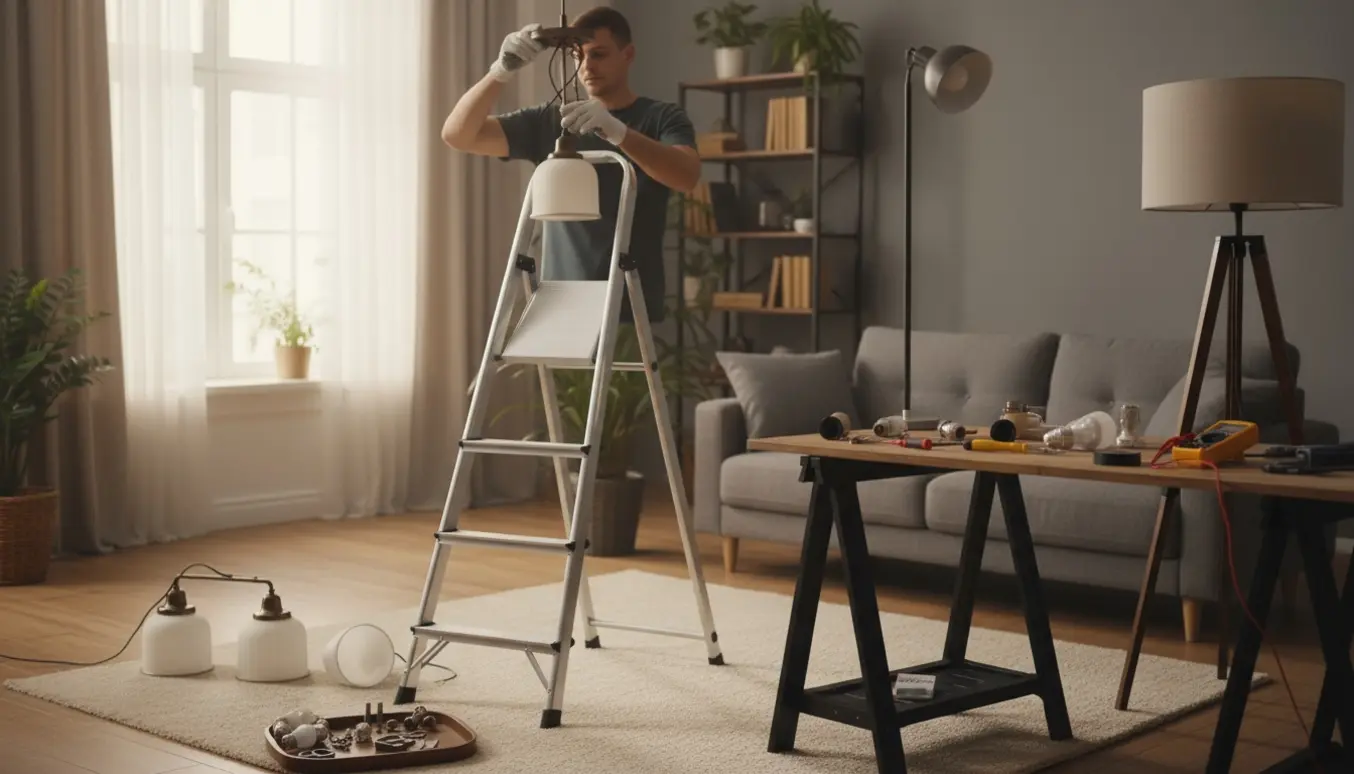 Hænder afmonterer en loftlampe i en stue, mens to gulvlamper ligger adskilt med værktøj og reservedele klar til reparation.