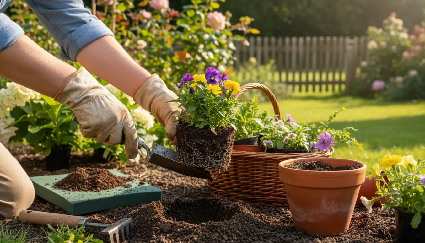 Hænder graver forsigtigt et par blomster op med en lille spade i en solrig have.