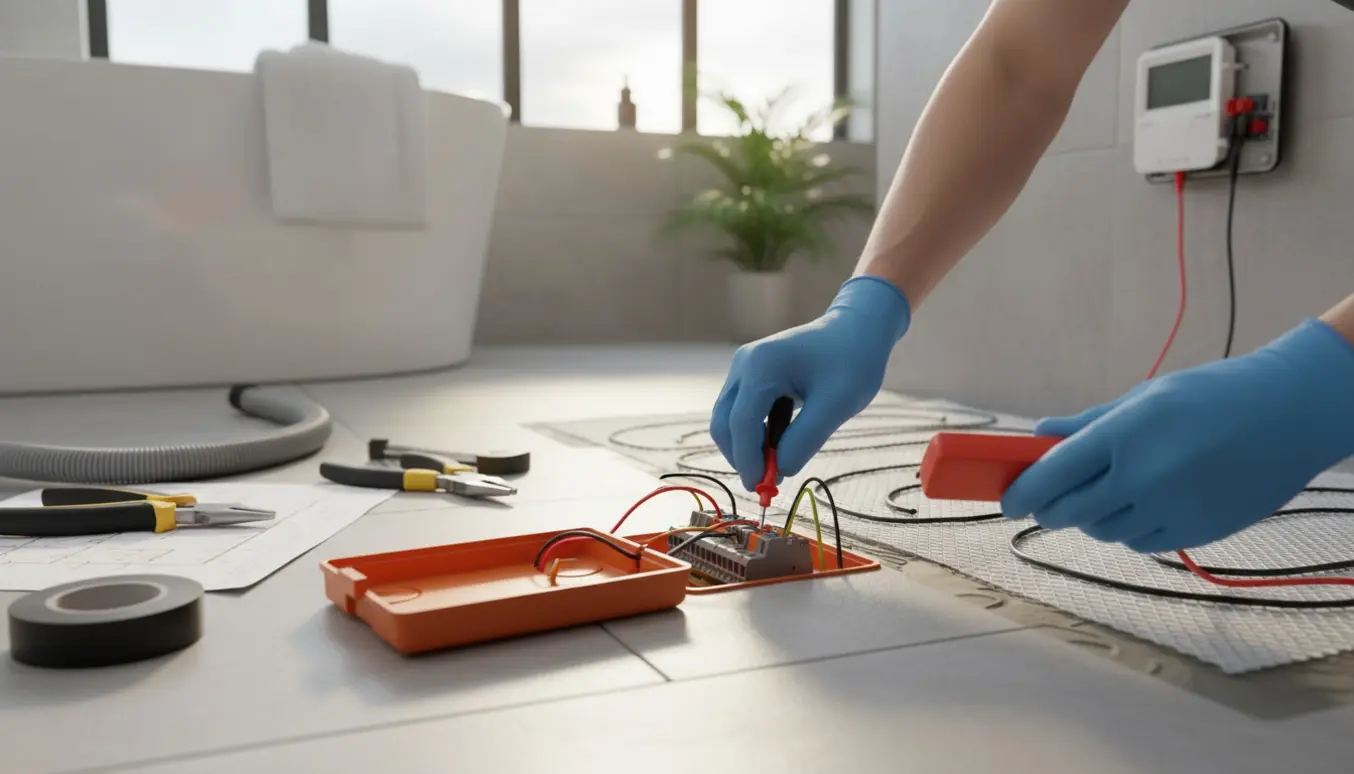 Hænder tilslutter el-gulvvarmemåtter til en åben styretavle på badeværelsesgulv.