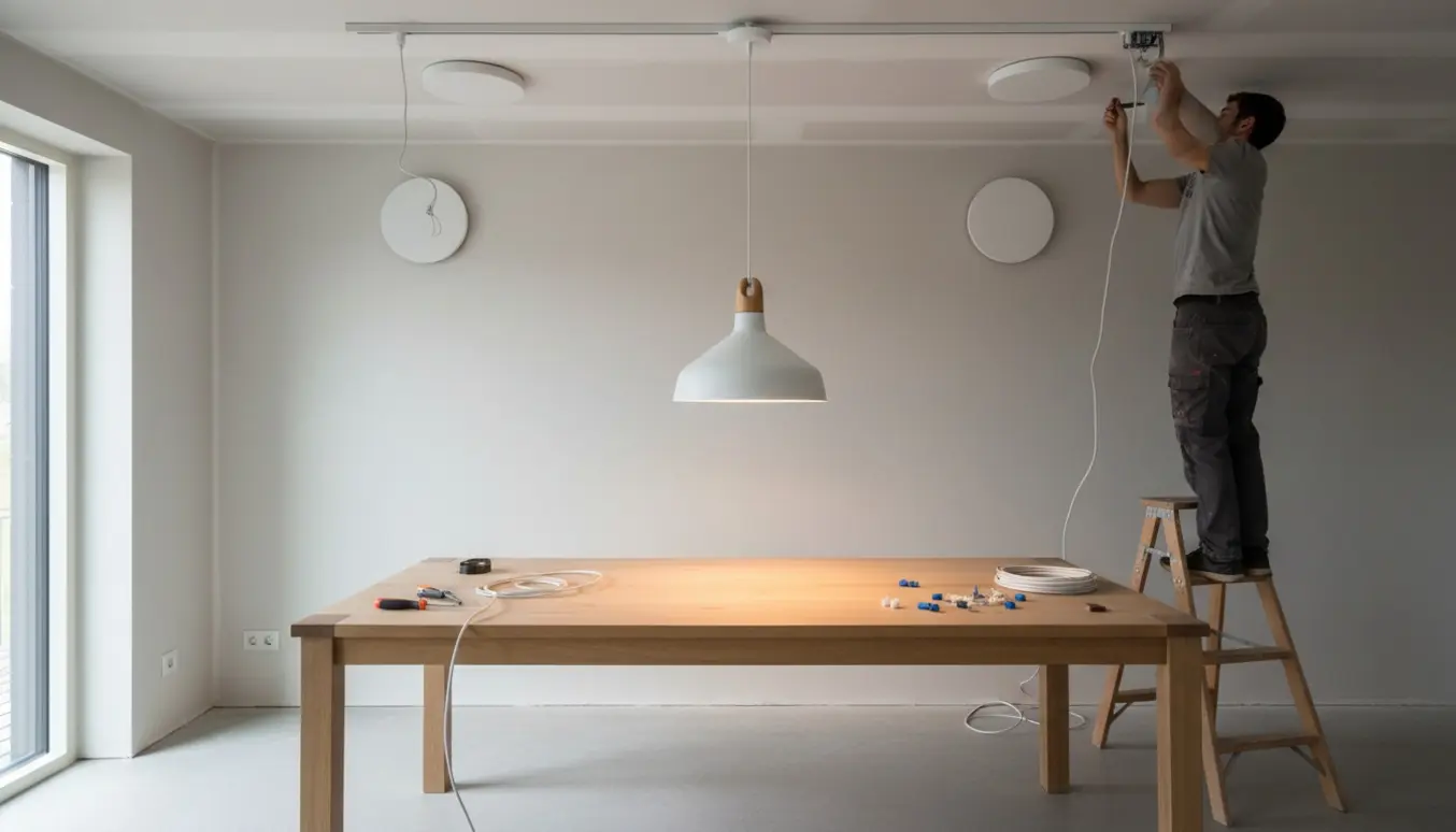 Montage af fire loftslamper over spisebord med ledninger og værktøj, uden synlige ansigter.