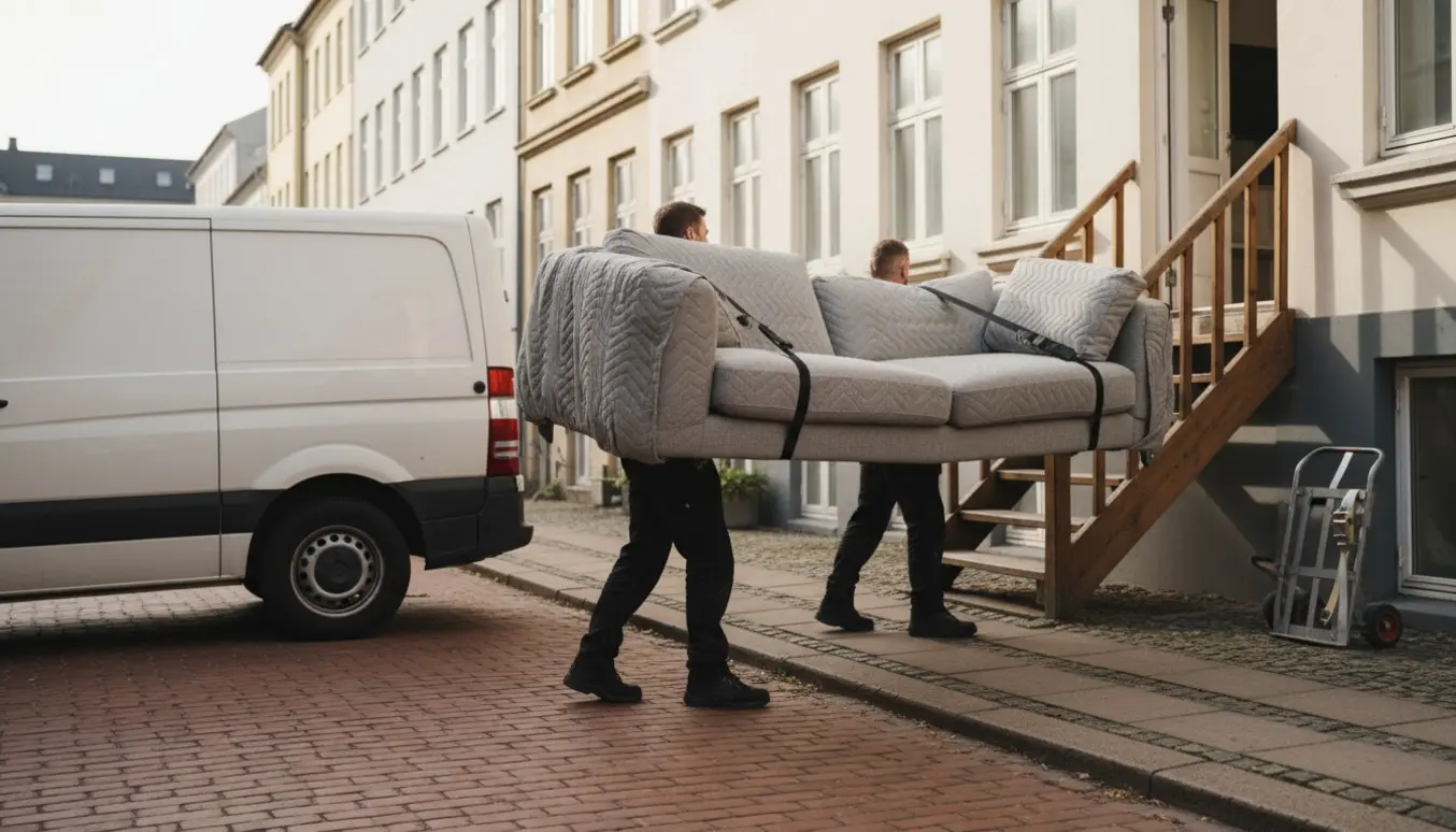 To flyttemænd bærer to halve af en sofa op ad en trappe fra en åben flyttevogn.