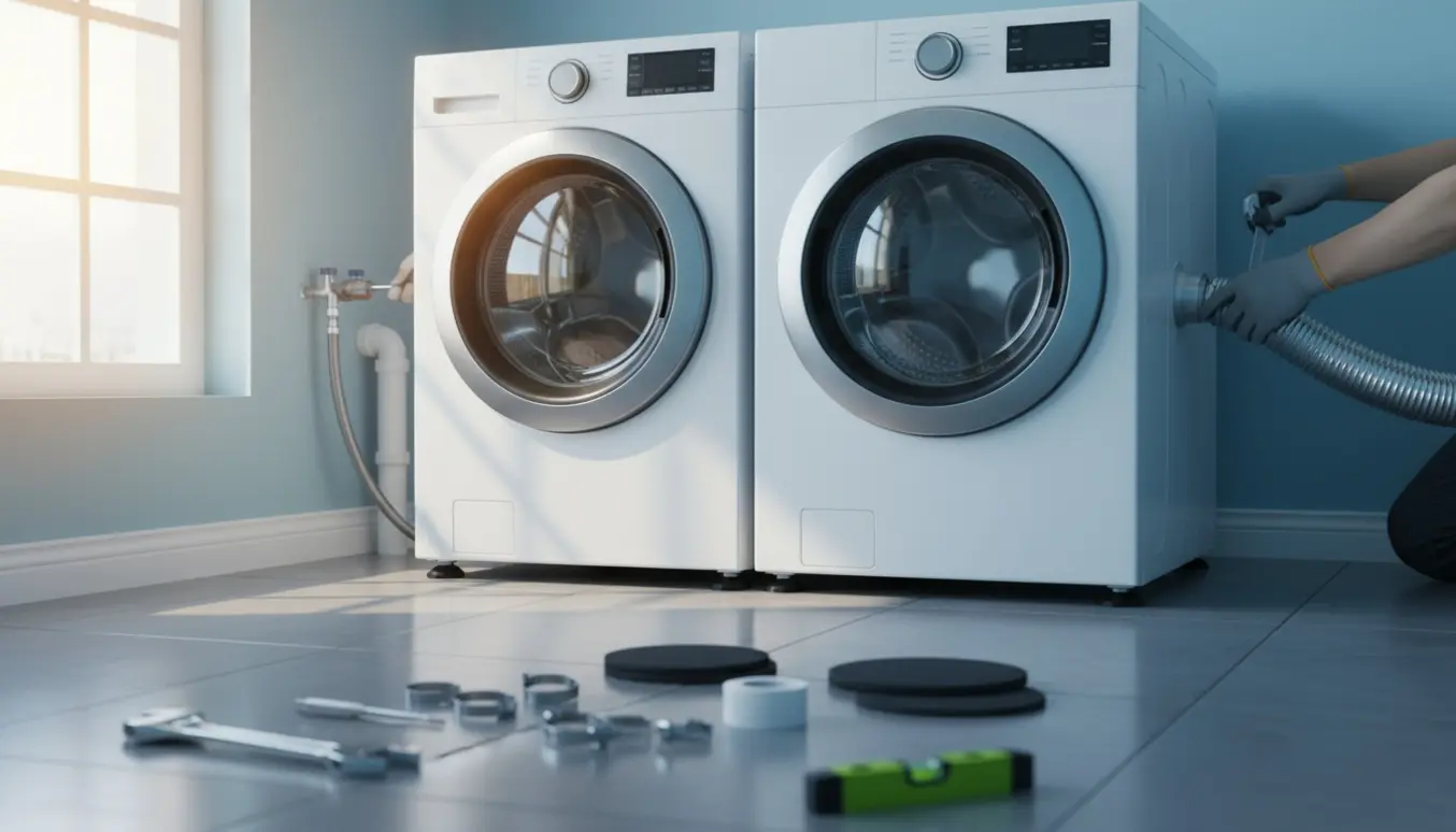 Nærbillede af montering af vaskemaskine og tørretumbler i et lyst, moderne bryggers med værktøj lagt frem.