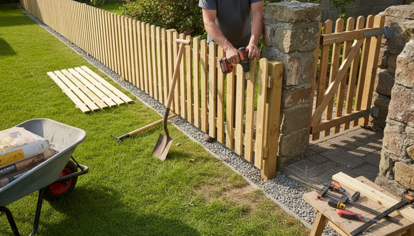 Nyt Skagen-stakit installeres på græs og grus ved siden af en havelåge monteret på en mur.