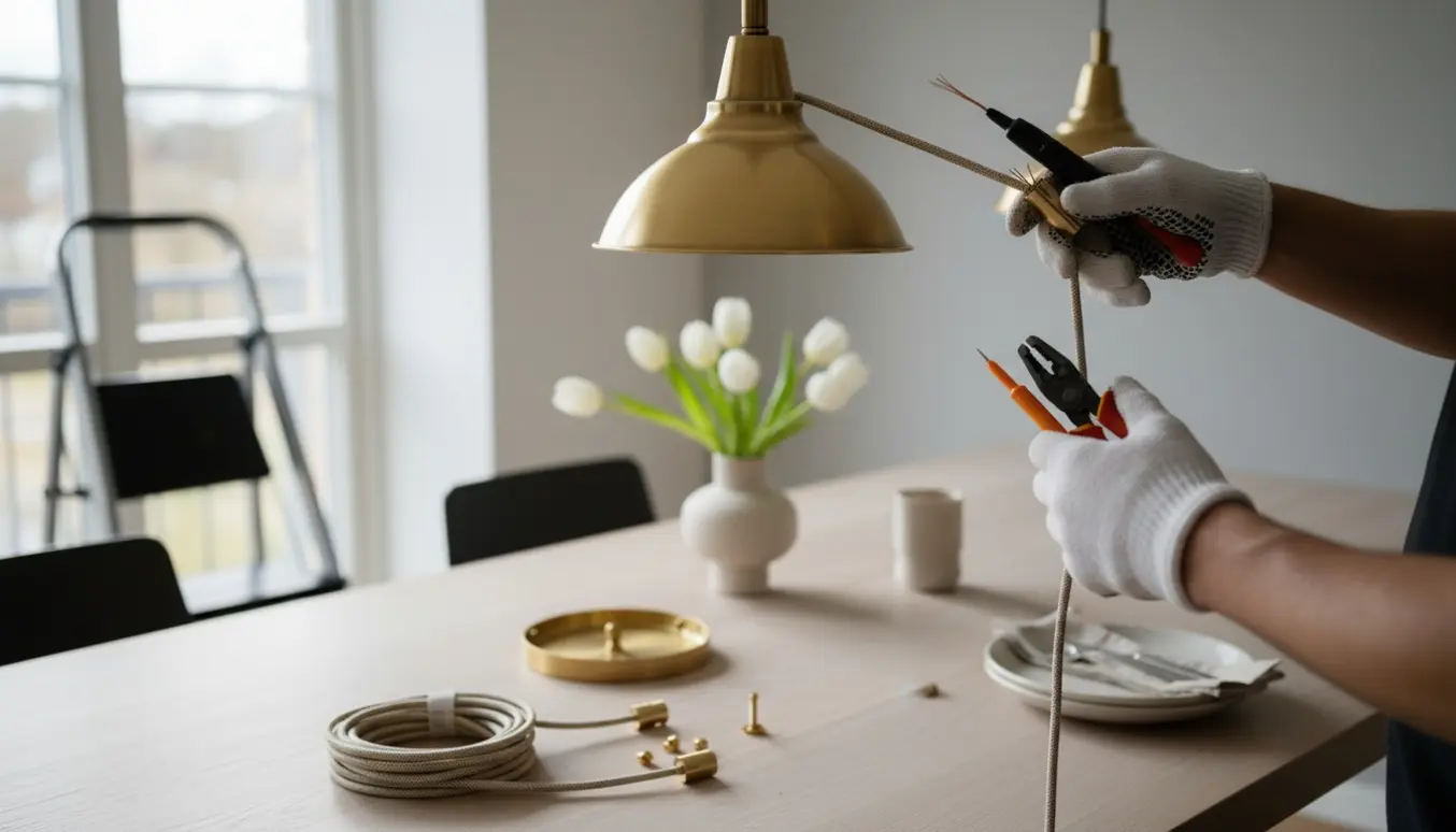 Elektriker forlænger ledningen på en trompetformet pendel over et spisebord.