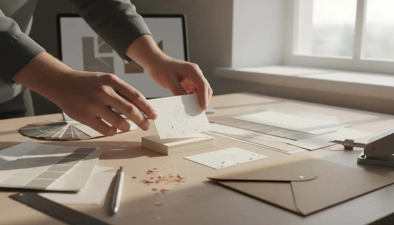 Nærbillede af hænder, der arrangerer nytrykte visitkort og papirprøver på et træbord i blødt naturligt lys.