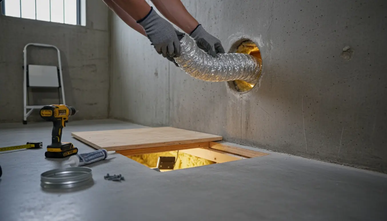 Hænder fører et fleksibelt aftræksrør gennem et hul i kældervæggen med åben adgang til krybbekælder.