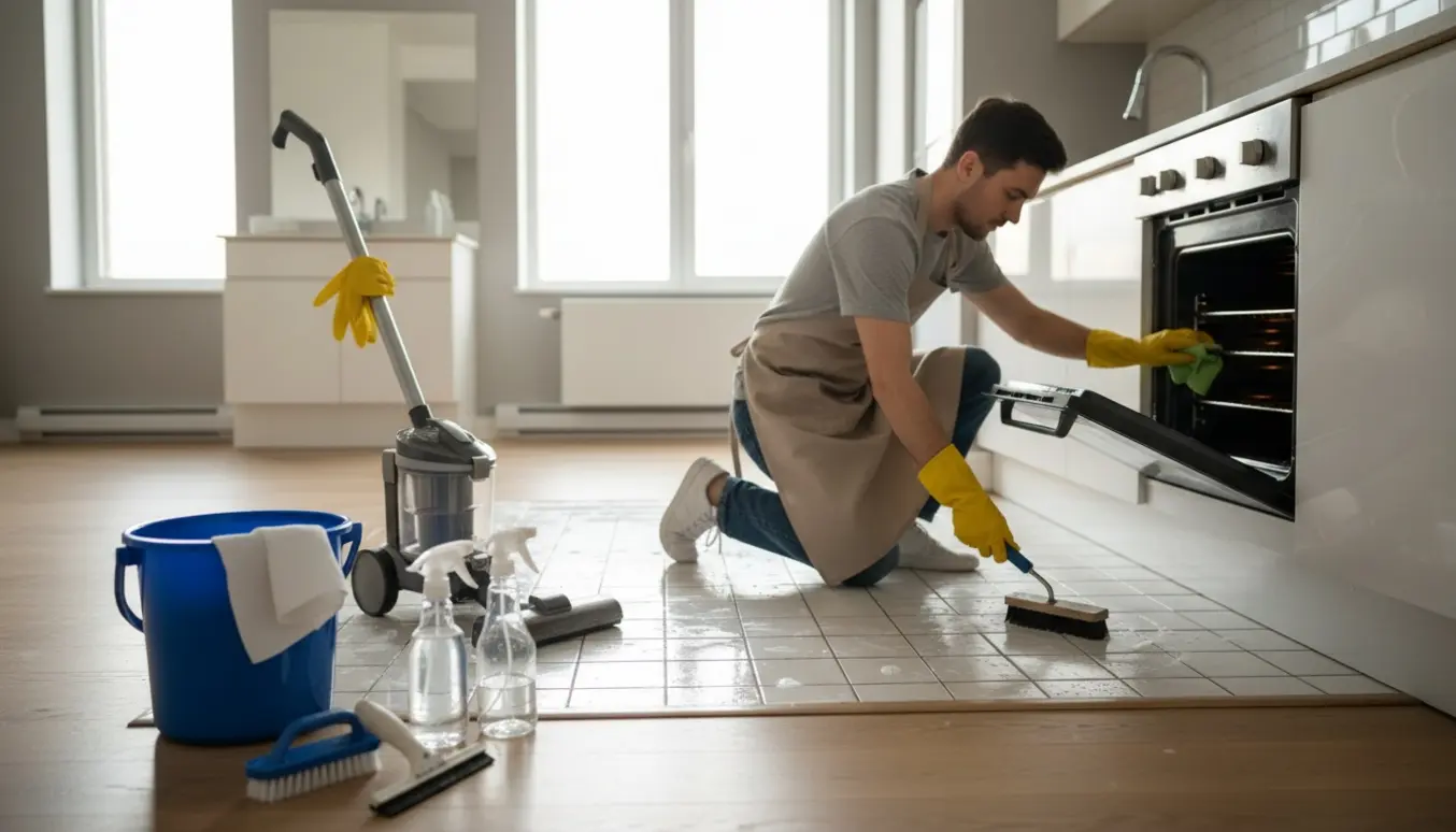 Grundig udflytningsrengøring i en lys lejlighed med rengøringsredskaber og skinnende køkken- og badeværelsesoverflader.