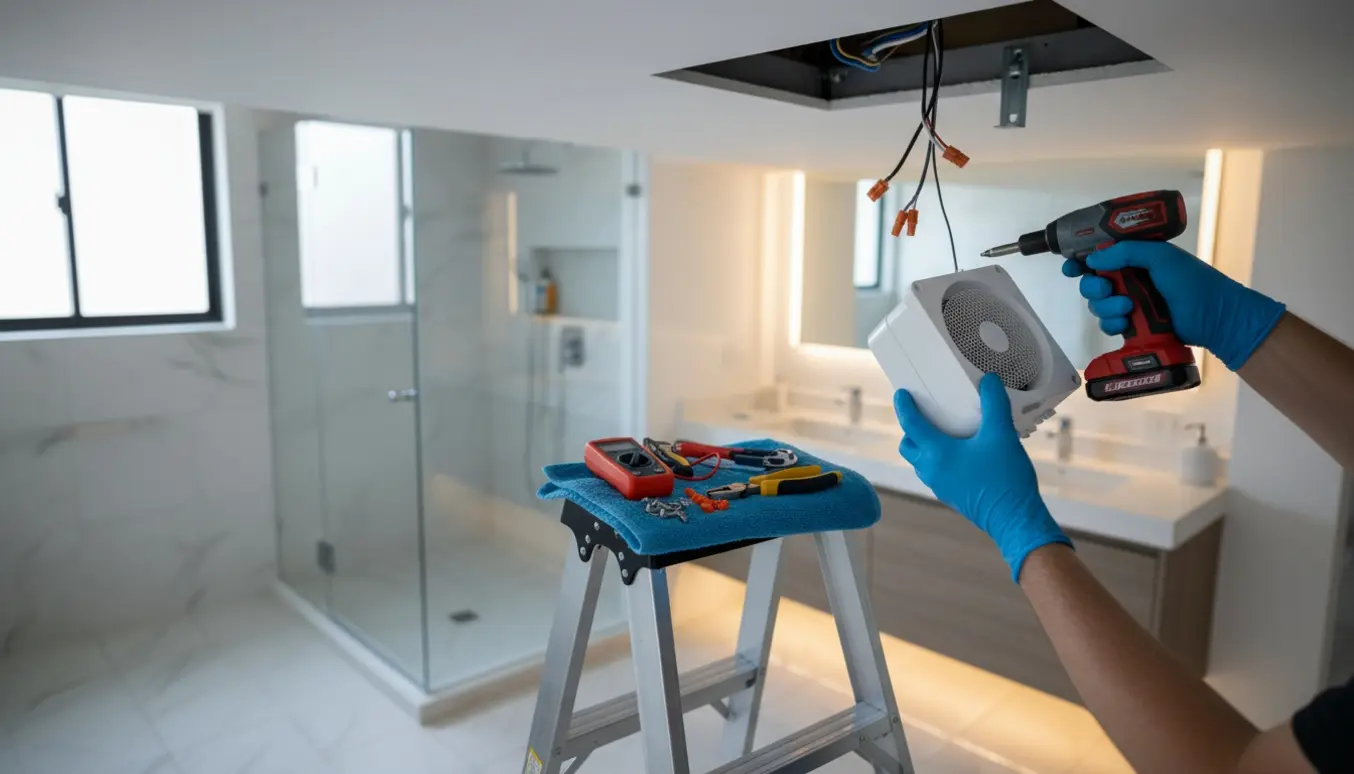 Glovede hænder udskifter badeværelsesventilator ved åbent loftsudtag med værktøj og synlige ledninger.