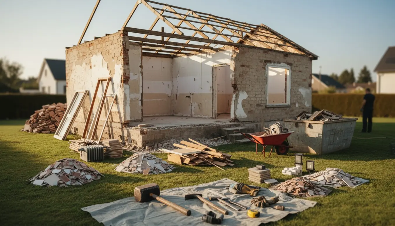 Lille hus under indvendig nedrivning med nøgne murstensvægge, bunker af byggematerialer og afskårne døre og vinduer på græsplænen.