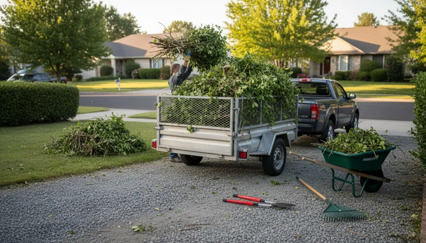En åben trailer fyldt med nysnittet hæk og buske ved en indkørsel, klar til afhentning.