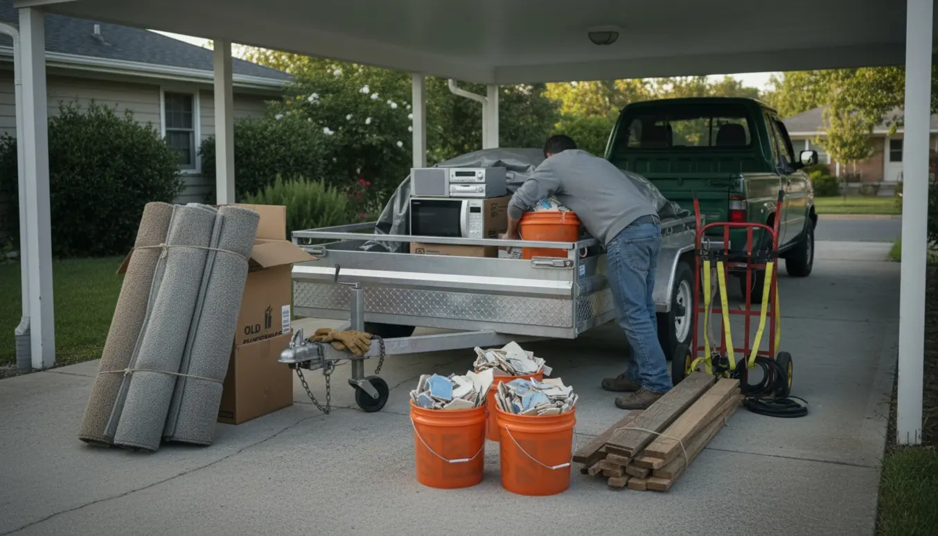 Traileren i indkørslen fyldes med gulvtæpper, elektronik, spande med fliser og træ klar til levering på lossepladsen.