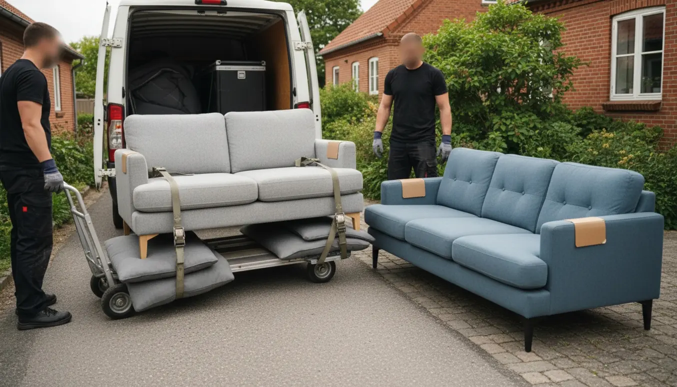 To sofaer læsset af en lille flyttevogn og sat udendørs foran en villa i Vordingborg.