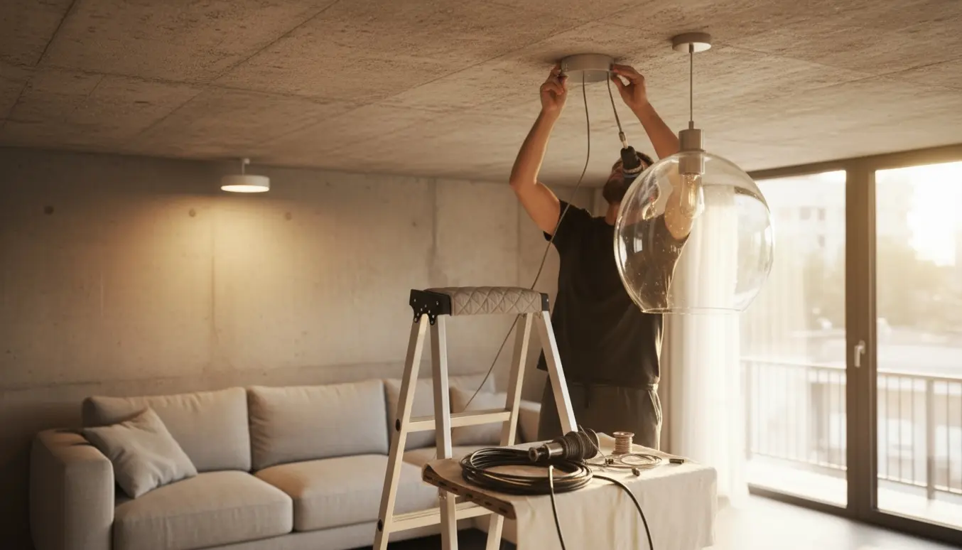 Installation af to loftlamper i en stue med betonloft; én lampe er monteret, den anden store glasskærm er ved at blive fastgjort.